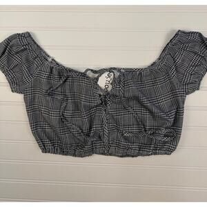 Boujee Off Shoulder Crop Top M Black White Plaid Milkmaid Ruched Y2K Cottagecore